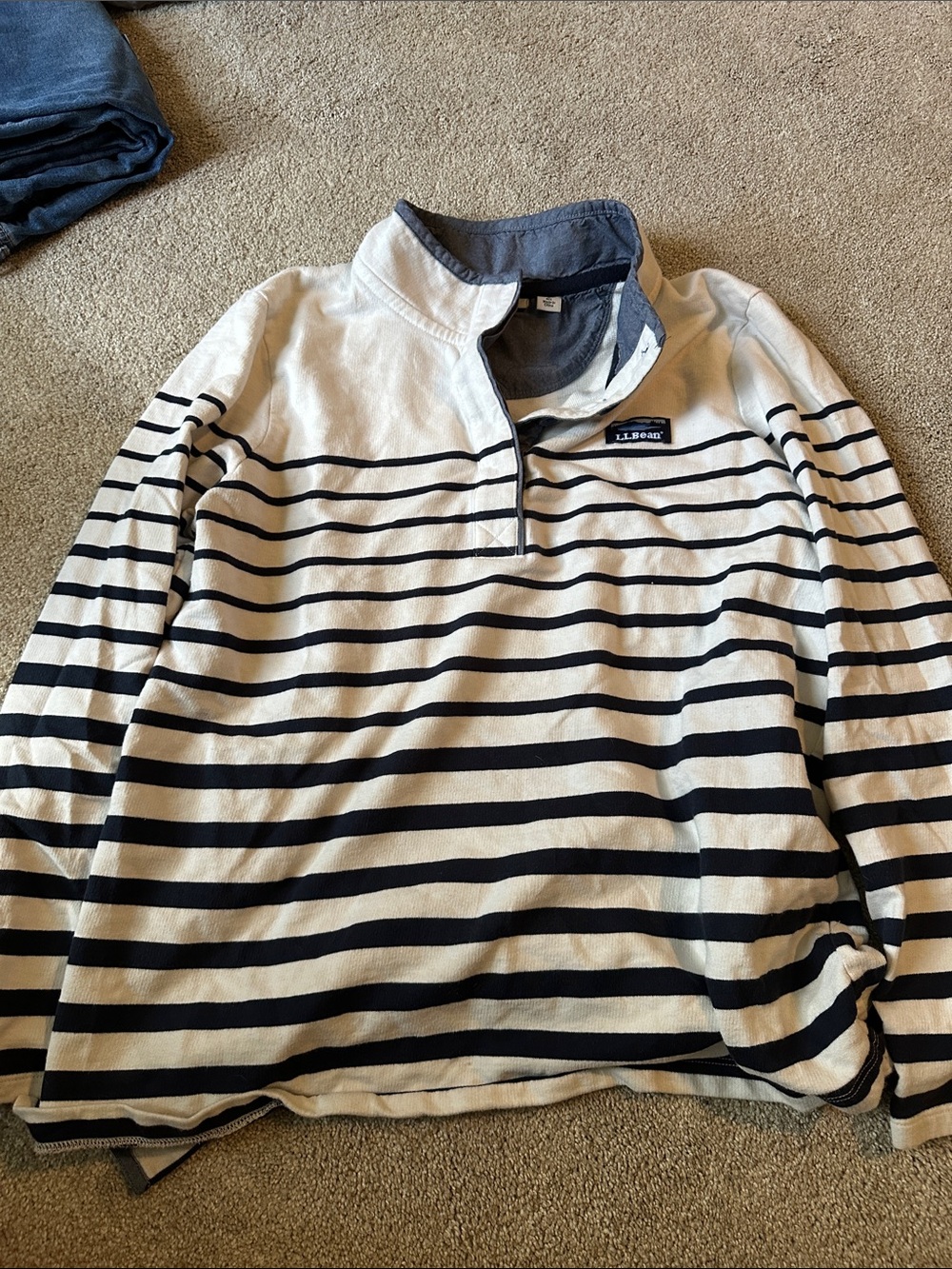 L.L. Bean Navy & White Striped Quarter-Zip Pullover
